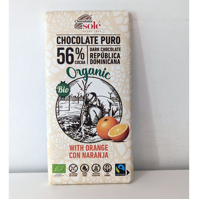 Chocolate Solé ecológico negro con naranja 56% cacao, 100g.