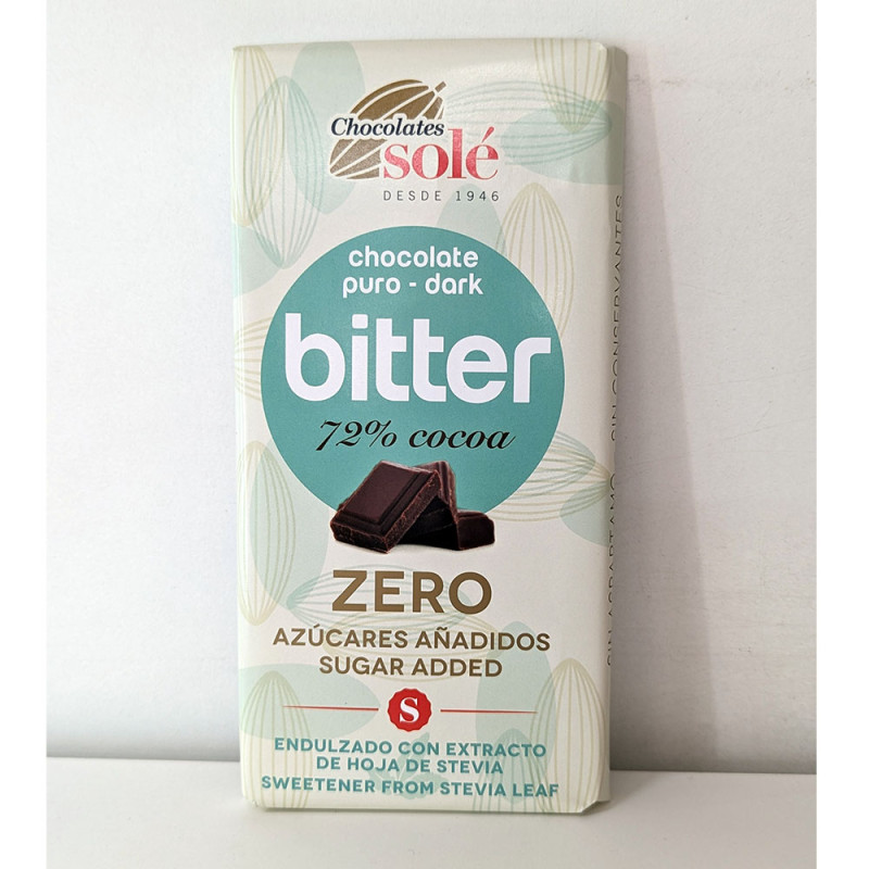 Chocolate Solé Bitter Zero 72% cacao (sin azúcar), 100g.