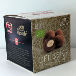 Delíssies Bio, ametlla caramelitzada amb xocolata negra, 80g.